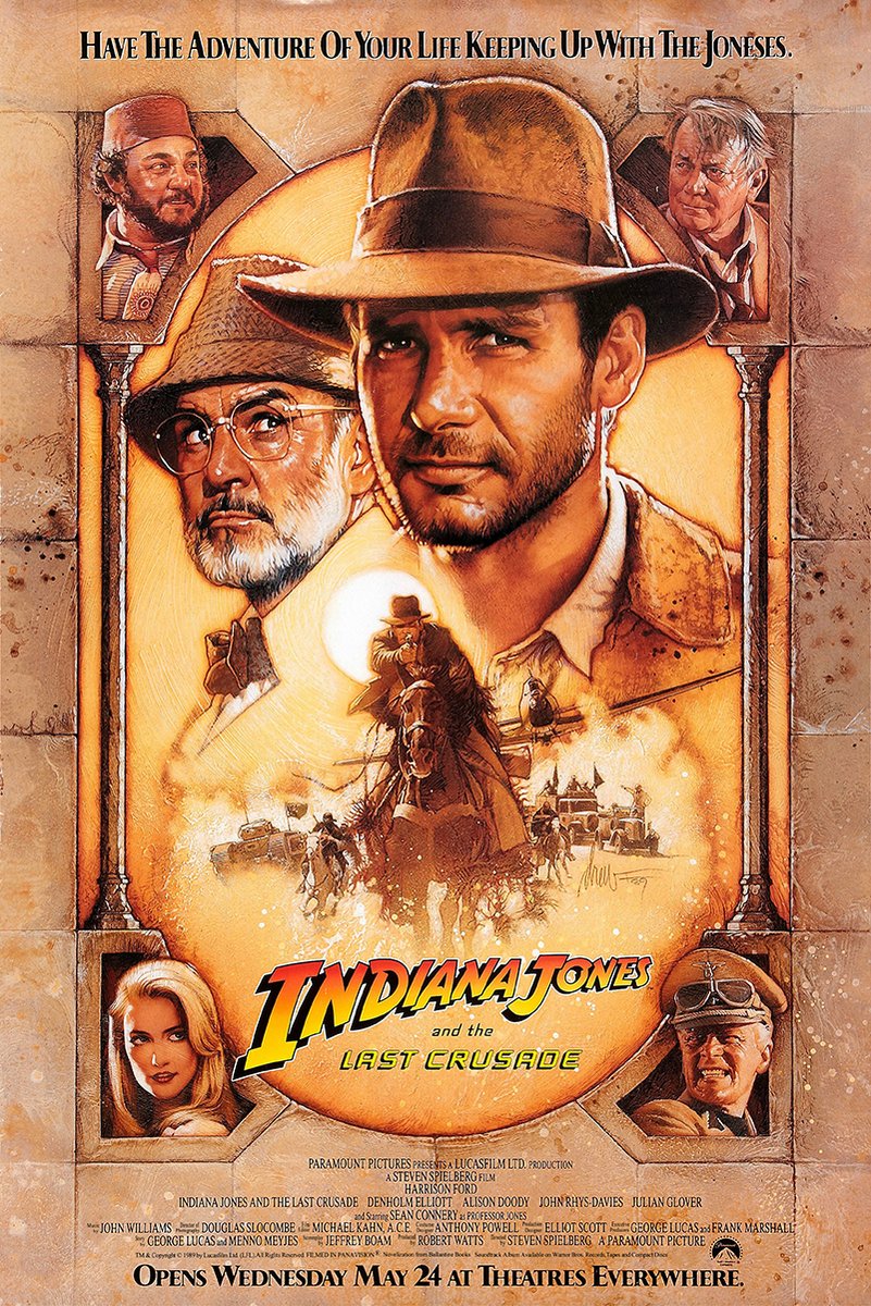 Indiana Jones and the Last Crusade poster features Indiana in a fedora, his father, portraits, and a horseback chase in golden tones.