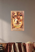 Indiana Jones and the Last Crusade Movie Poster in a cozy movie room above a brown sofa with popcorn.