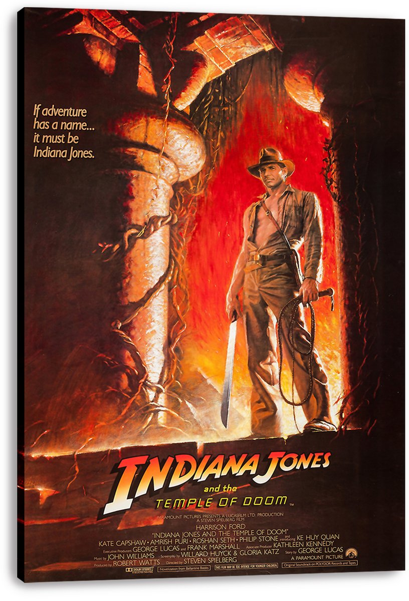 Indiana Jones and the Temple of Doom canvas wall art print features the adventurer, whip, machete, and a glowing red-orange cavern.