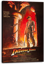 Indiana Jones and the Temple of Doom canvas wall art print features the adventurer, whip, machete, and a glowing red-orange cavern.