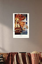 Indiana Jones and the Temple of Doom in a cozy movie room above a brown sofa with popcorn.