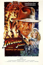 Indiana Jones and the Temple of Doom poster featuring a fedora-clad hero, flames, skulls, companions, and elephants.