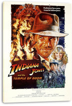 Indiana Jones and the Temple of Doom canvas wall art print displays the fiery adventure collage on a white-edged stretched canvas.