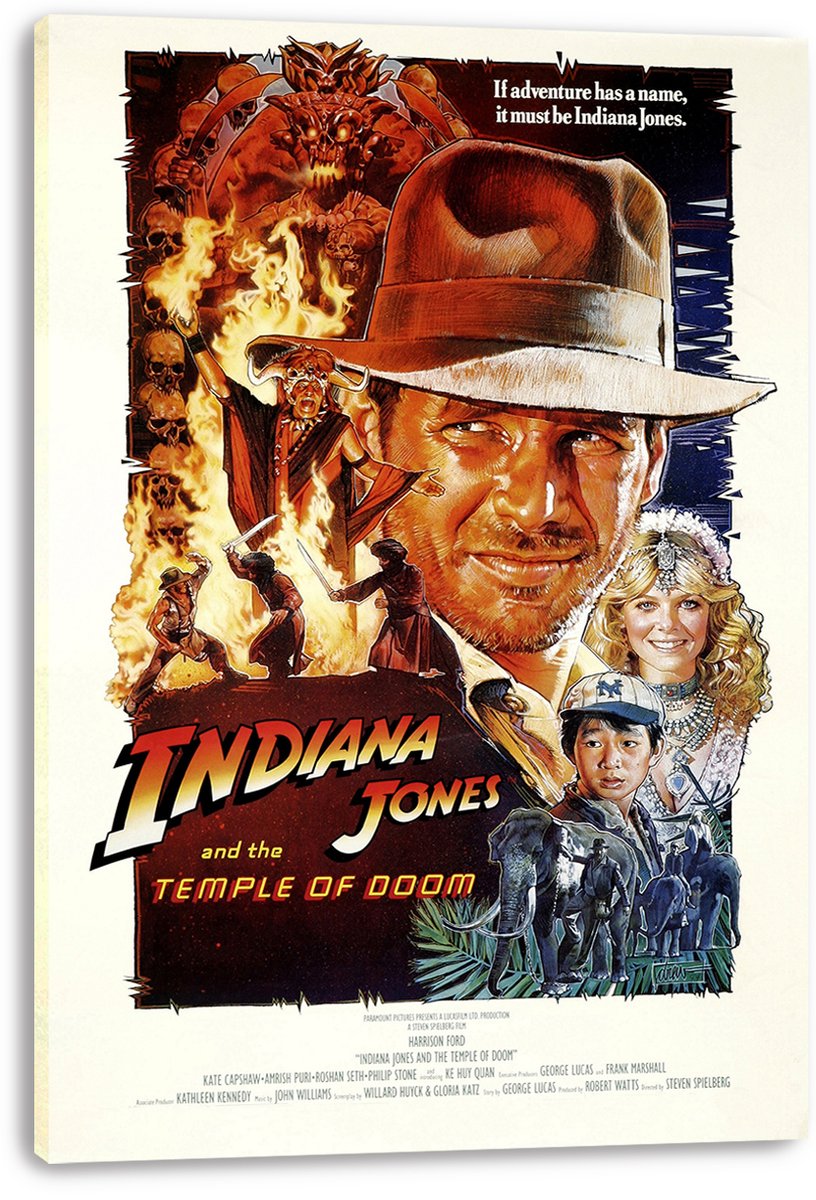 Indiana Jones and the Temple of Doom canvas wall art print displays the fiery adventure collage on a white-edged stretched canvas.
