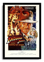 Indiana Jones and the Temple of Doom framed wall art print presents Indiana, flames, skulls, companions, and elephants in a black frame.