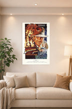 Indiana Jones and the Temple of Doom Movie Poster in a bright living room above a beige sofa.