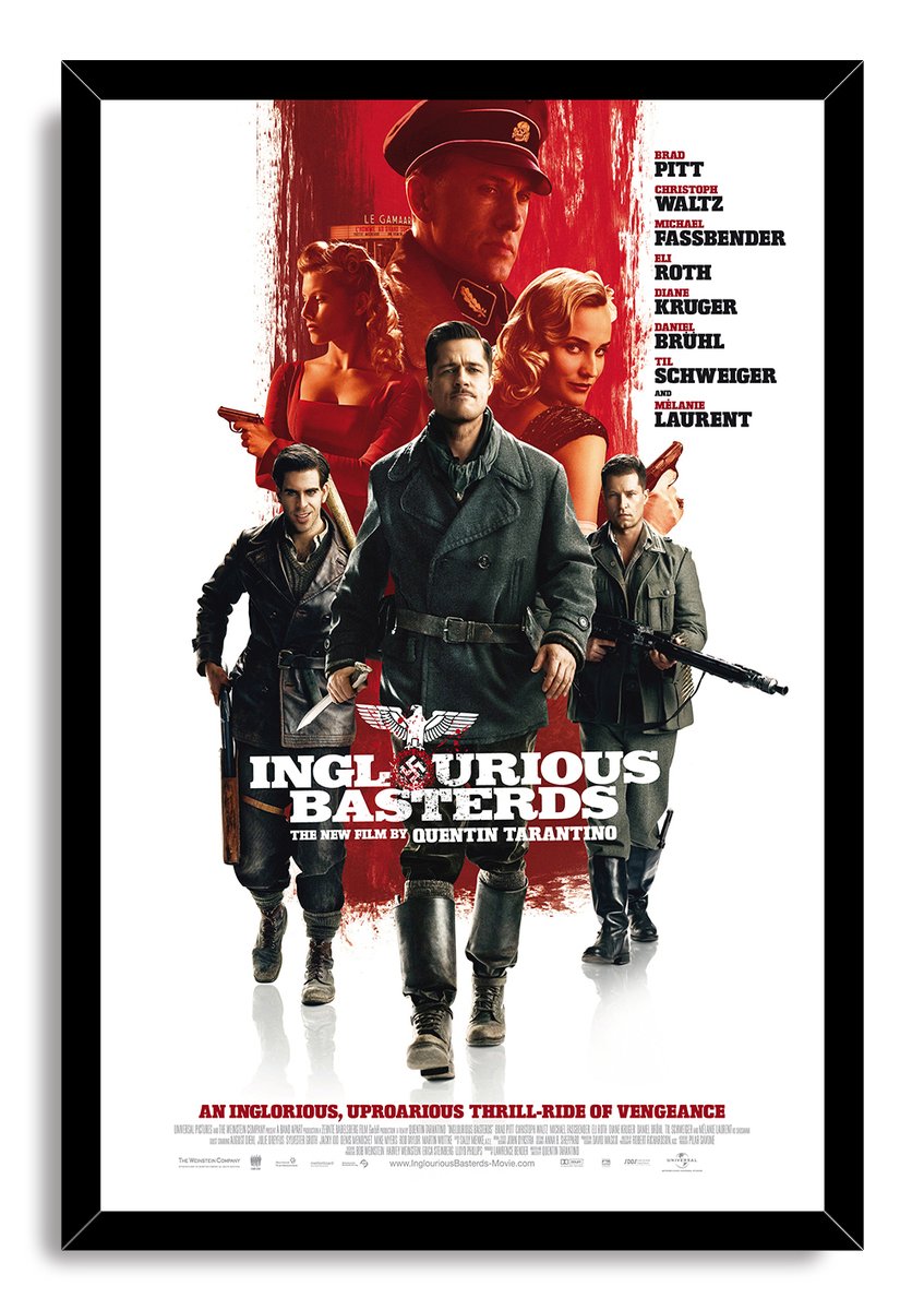 Inglourious Basterds framed wall art print presents five characters with guns, red portraits, cast names, and bold title text.