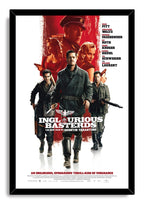 Inglourious Basterds framed wall art print presents five characters with guns, red portraits, cast names, and bold title text.