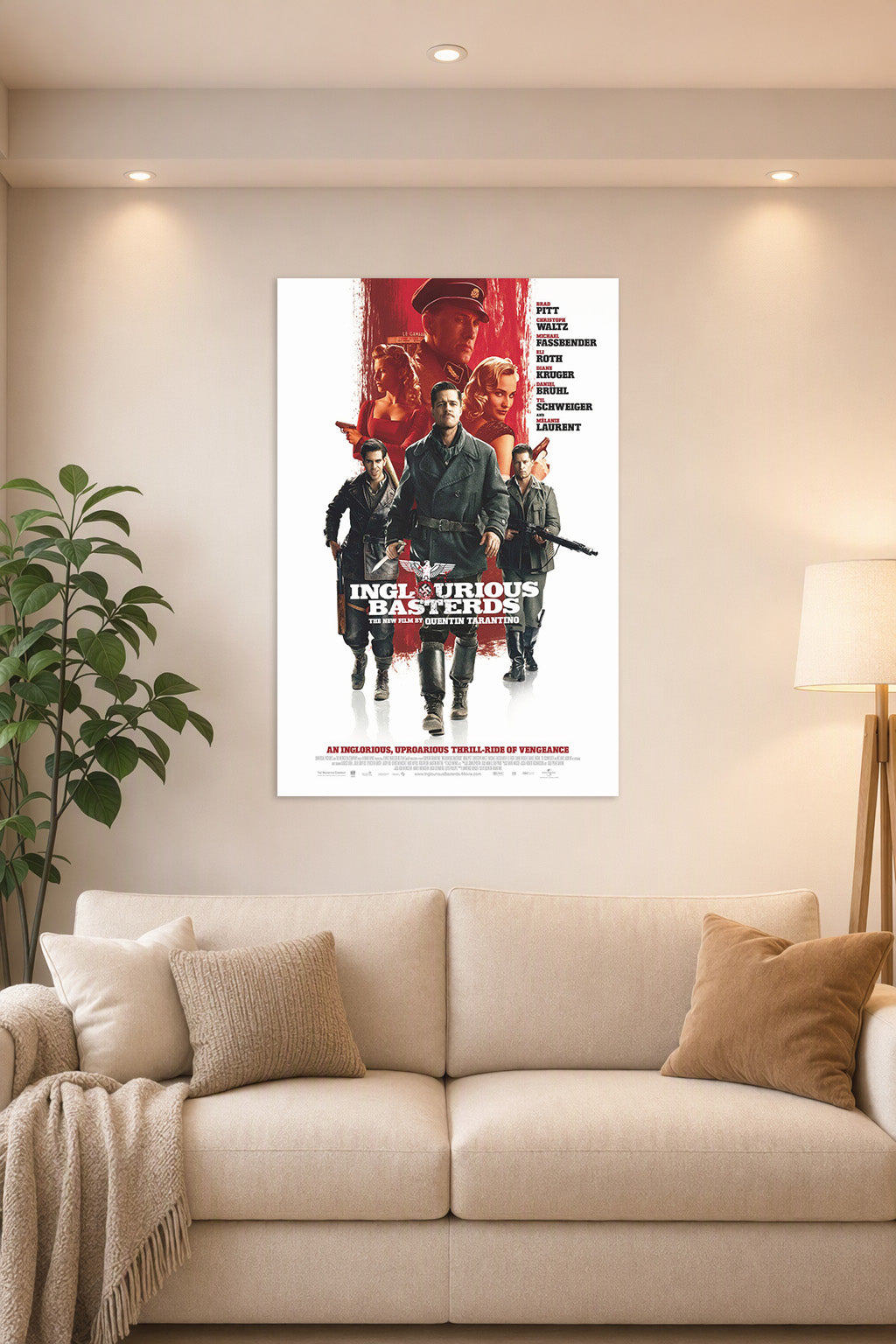 Inglourious Basterds Movie in a bright living room above a beige sofa.