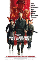 Inglourious Basterds poster features five armed characters before a red backdrop, with bold white title lettering.