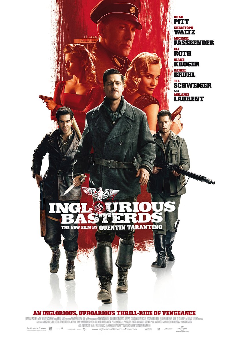 Inglourious Basterds poster features five armed characters before a red backdrop, with bold white title lettering.