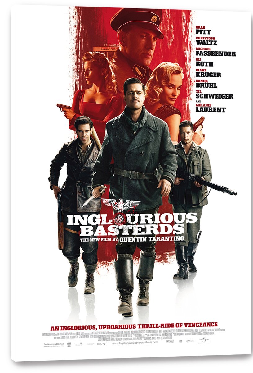 Inglourious Basterds canvas wall art print with five armed characters, red portrait collage, cast names, and title typography.