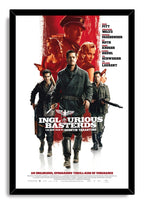 Inglourious Basterds framed wall art print in a black frame, featuring armed characters against a red-and-white poster design.