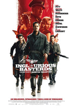 Inglourious Basterds poster featuring five armed characters beneath a red-toned officer portrait and bold white title text.