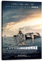 Interstellar movie poster canvas wall art featuring astronauts on a shallow water planet, a sleek spacecraft, and glowing clouds under stars.
