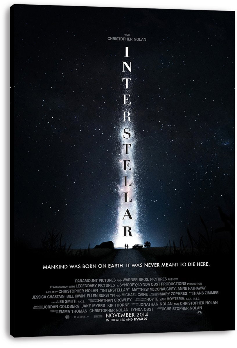 Interstellar wall art print on a deep-edge canvas presents a luminous galaxy beam, vertical white title, and dark rural silhouettes.