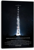 Interstellar wall art print on a deep-edge canvas presents a luminous galaxy beam, vertical white title, and dark rural silhouettes.
