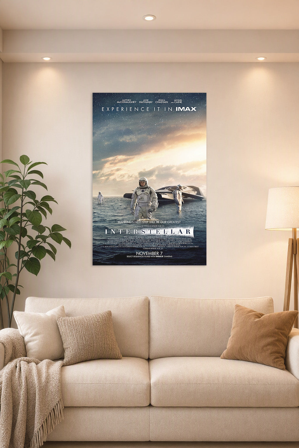 Interstellar Movie in a bright living room above a beige sofa.