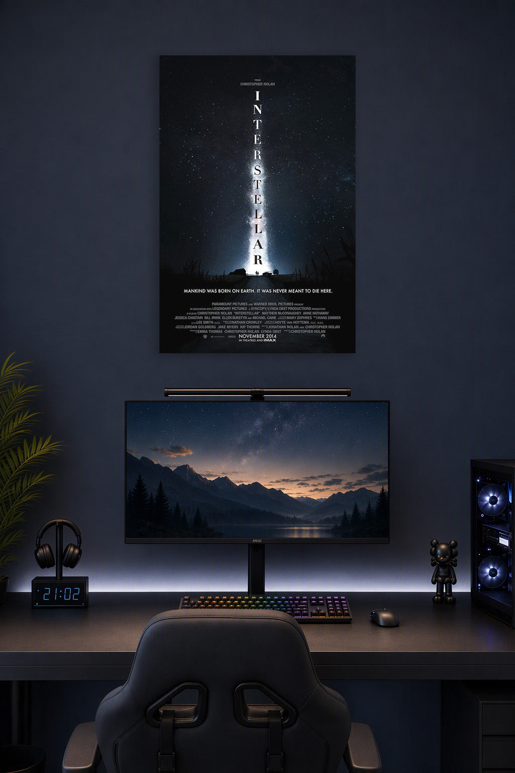 Interstellar Movie in a gaming desk setup above a monitor.