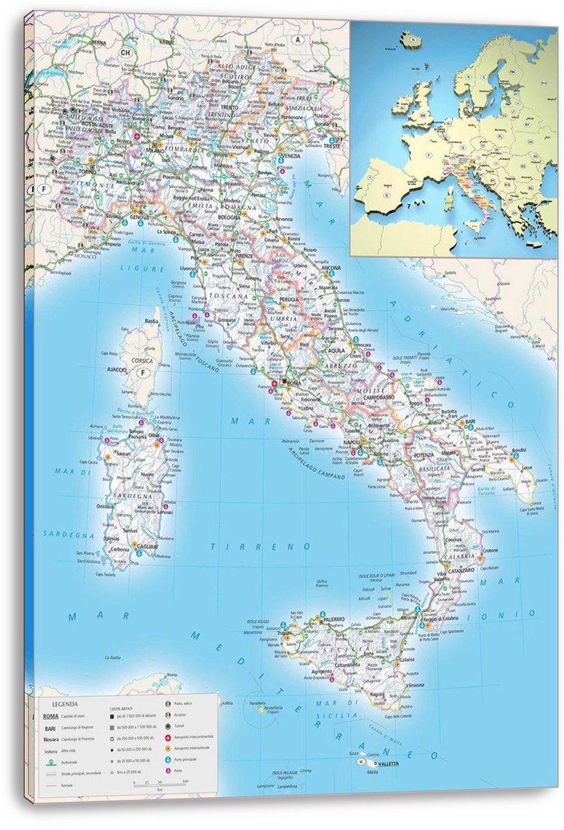 Italy road map canvas print displayed with wrapped edges, detailed regional roads and cities, Sicily, Sardinia, and Europe inset.