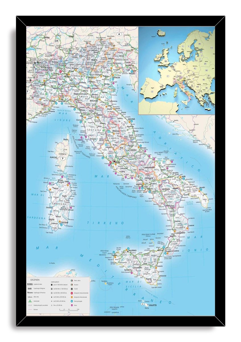 Italy road map wall art print in a black frame, featuring labeled roads, cities, islands, blue waters, and a Europe inset.