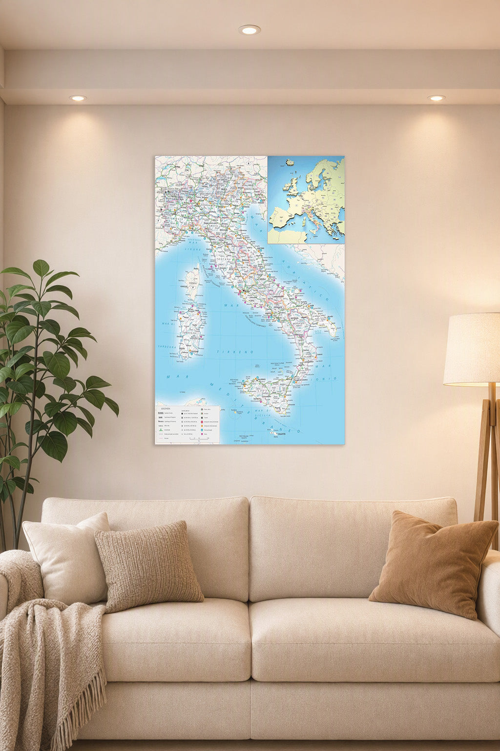 Italy Road Map in a bright living room above a beige sofa.