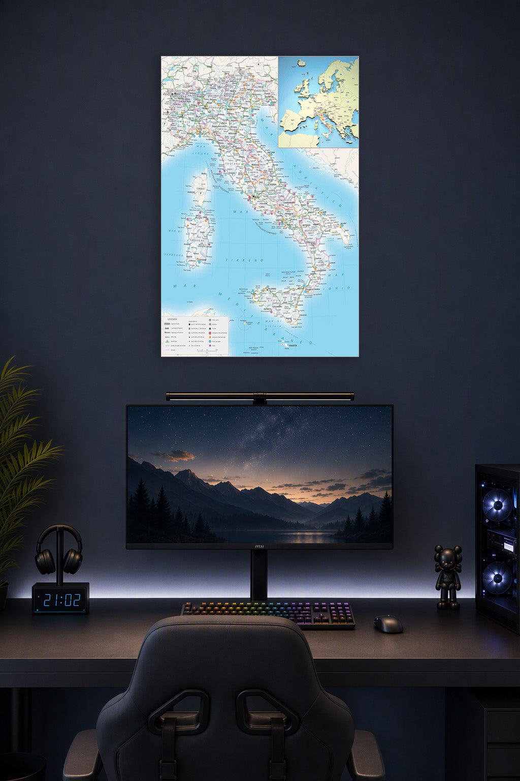 Italy Road Map in a gaming desk setup above a monitor.