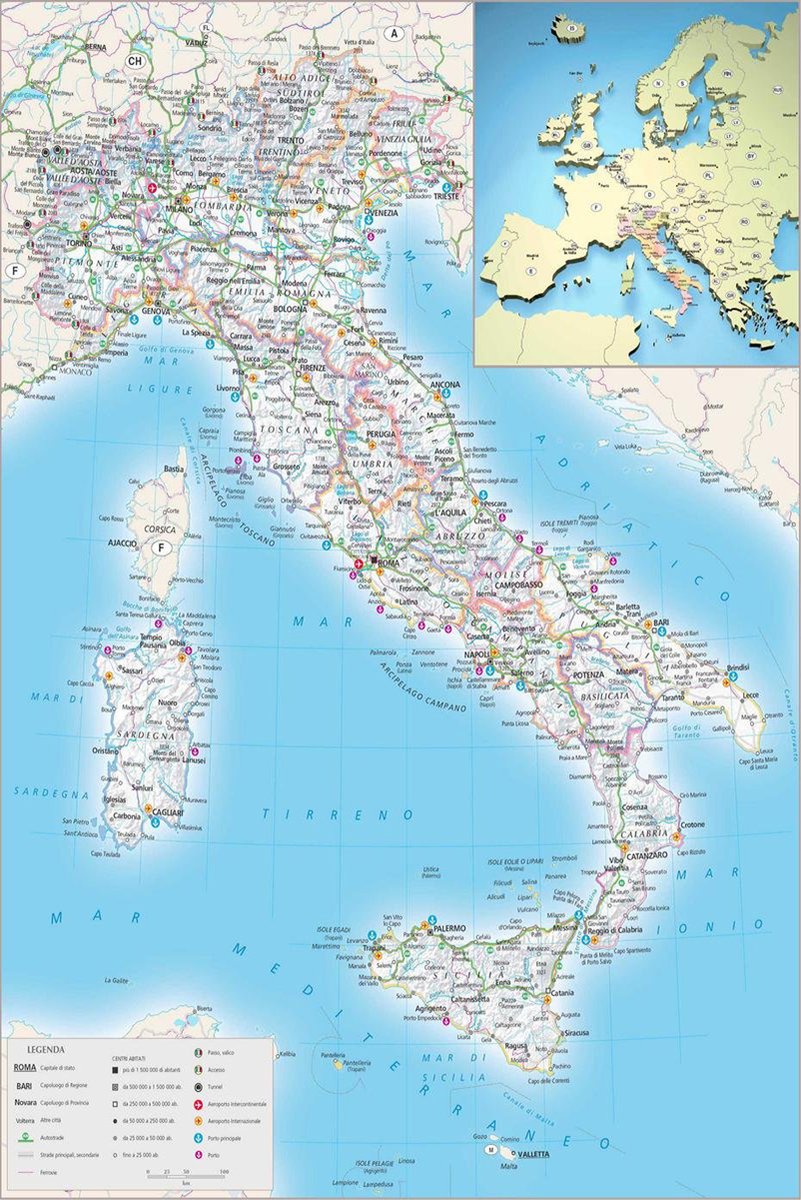 Italy road map poster with multicolored highways and city labels, Sardinia and Sicily, a Europe inset, and blue seas.
