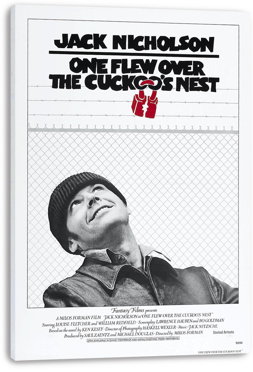 One Flew Over the Cuckoo's Nest canvas wall art print featuring Jack Nicholson beneath bold black title text and wire fencing.