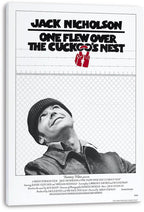 One Flew Over the Cuckoo's Nest canvas wall art print featuring Jack Nicholson beneath bold black title text and wire fencing.