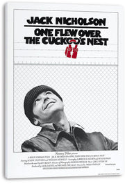 One Flew Over the Cuckoo's Nest canvas wall art print featuring Jack Nicholson beneath bold black title text and wire fencing.