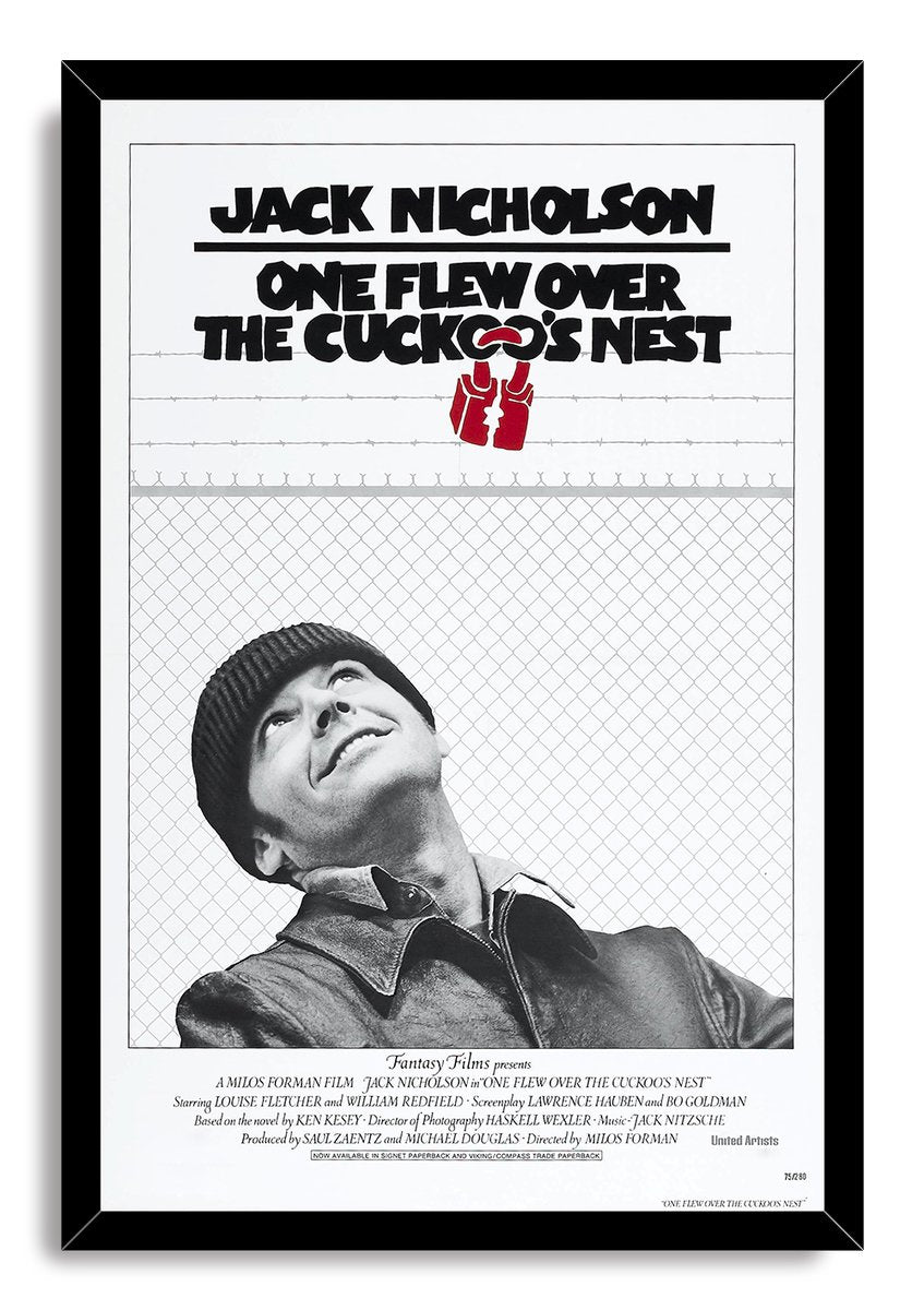 Framed One Flew Over the Cuckoo's Nest wall art print with Jack Nicholson looking up, red handcuffs, and a black frame.