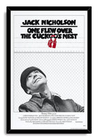 Framed One Flew Over the Cuckoo's Nest wall art print with Jack Nicholson looking up, red handcuffs, and a black frame.
