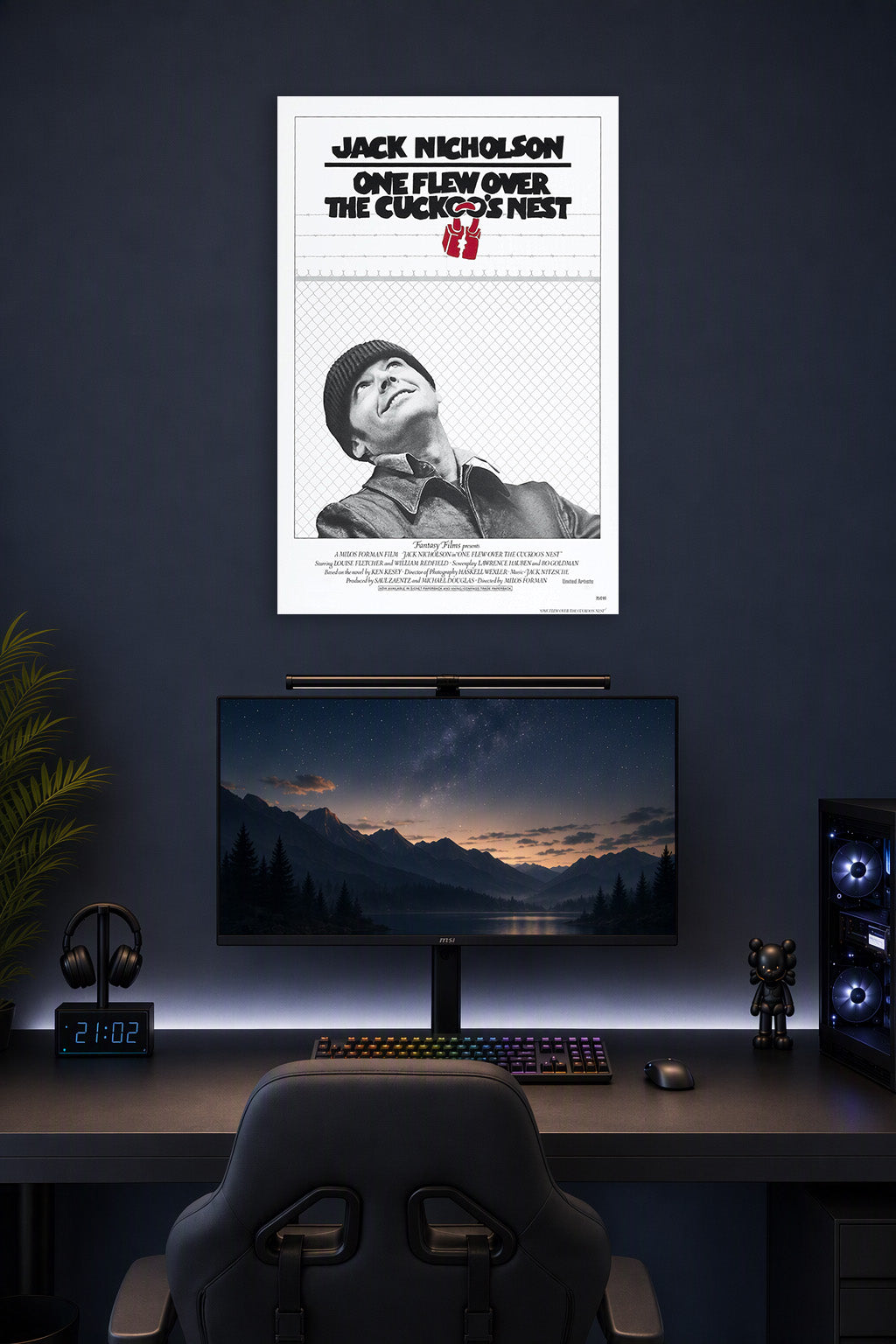 Jack Nicholson McMurphy One Flew Over the Cuckoo's Nest in a gaming desk setup above a monitor.