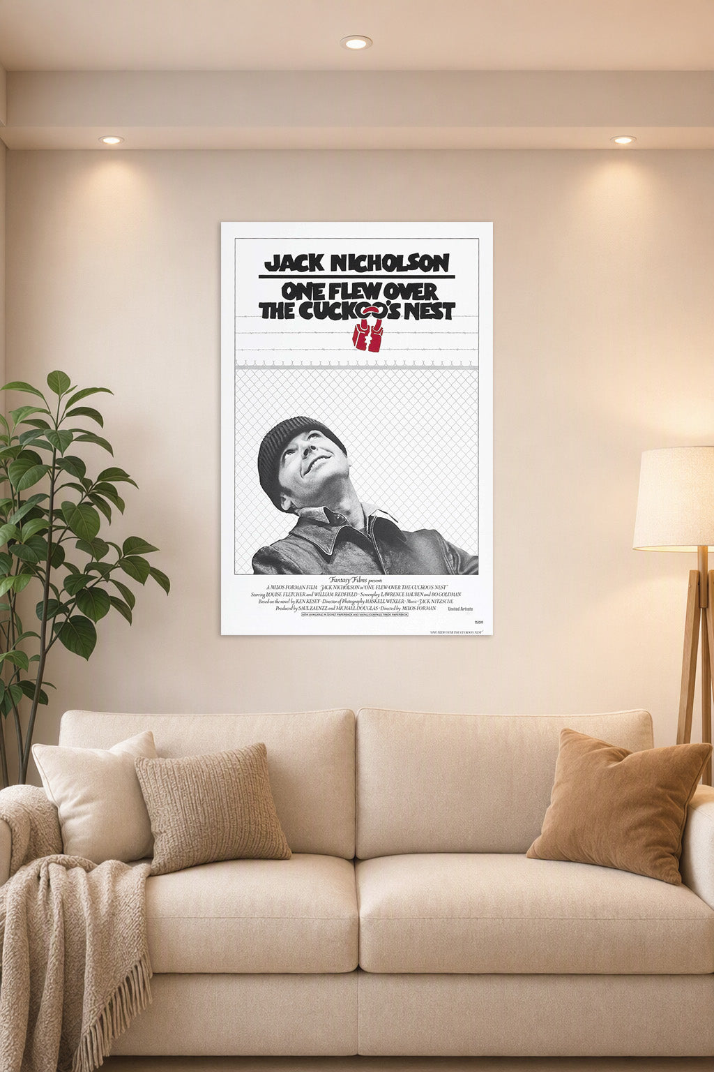 Jack Nicholson McMurphy One Flew Over the Cuckoo's Nest in a bright living room above a beige sofa.