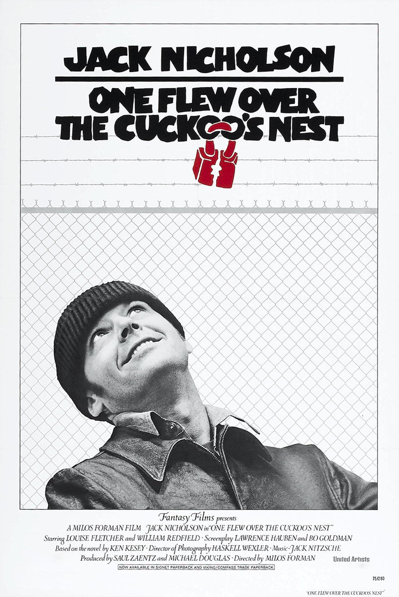 One Flew Over the Cuckoo's Nest poster with Jack Nicholson looking upward beneath fencing, barbed wire, and red handcuffs.