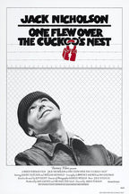 One Flew Over the Cuckoo's Nest poster with Jack Nicholson looking upward beneath fencing, barbed wire, and red handcuffs.