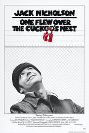 One Flew Over the Cuckoo's Nest poster with Jack Nicholson looking upward beneath fencing, barbed wire, and red handcuffs.