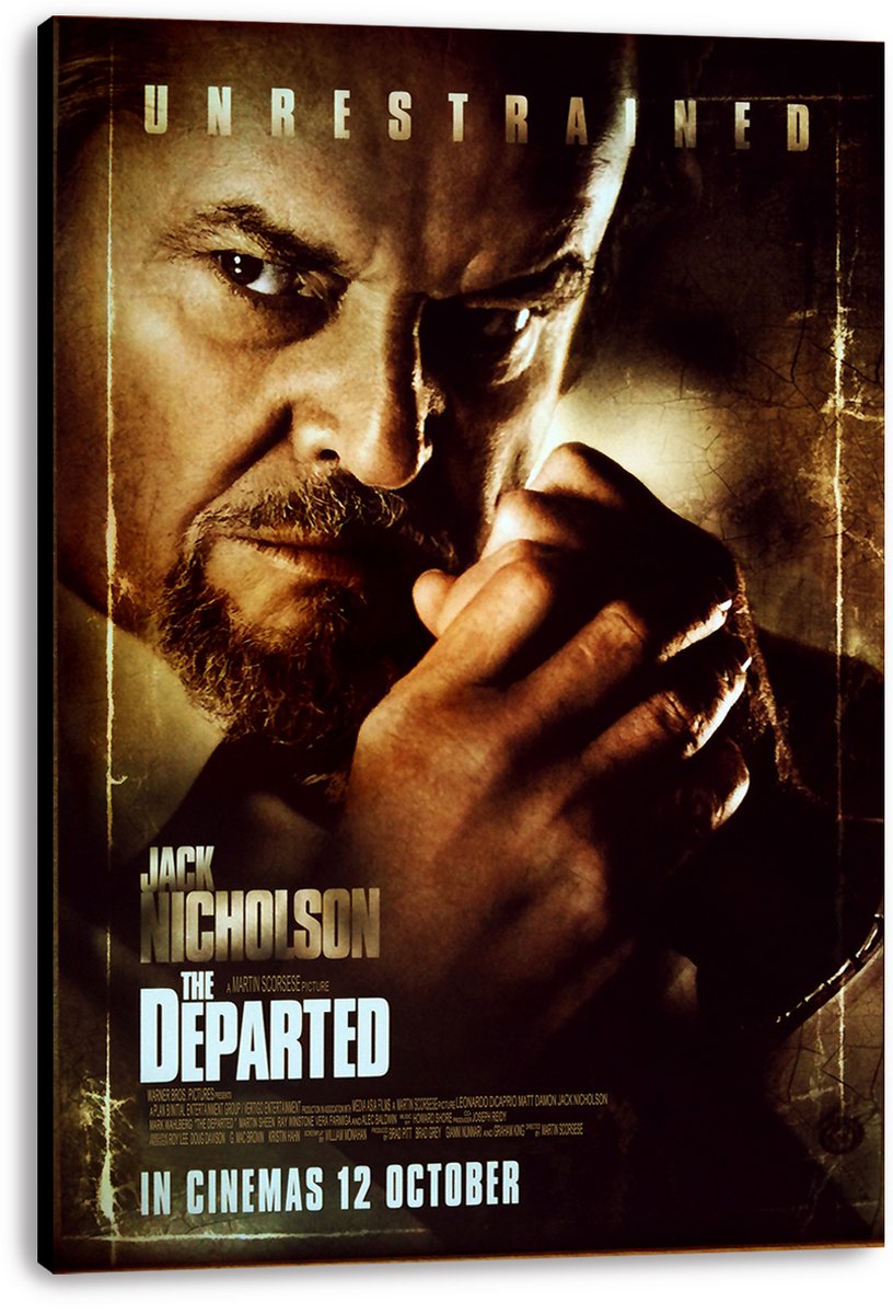The Departed canvas wall art print displays Jack Nicholson's intense sepia portrait and clasped hands on a deep-edged canvas.
