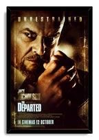 The Departed framed wall art print presents Jack Nicholson in a shadowy sepia close-up, set in a black frame.