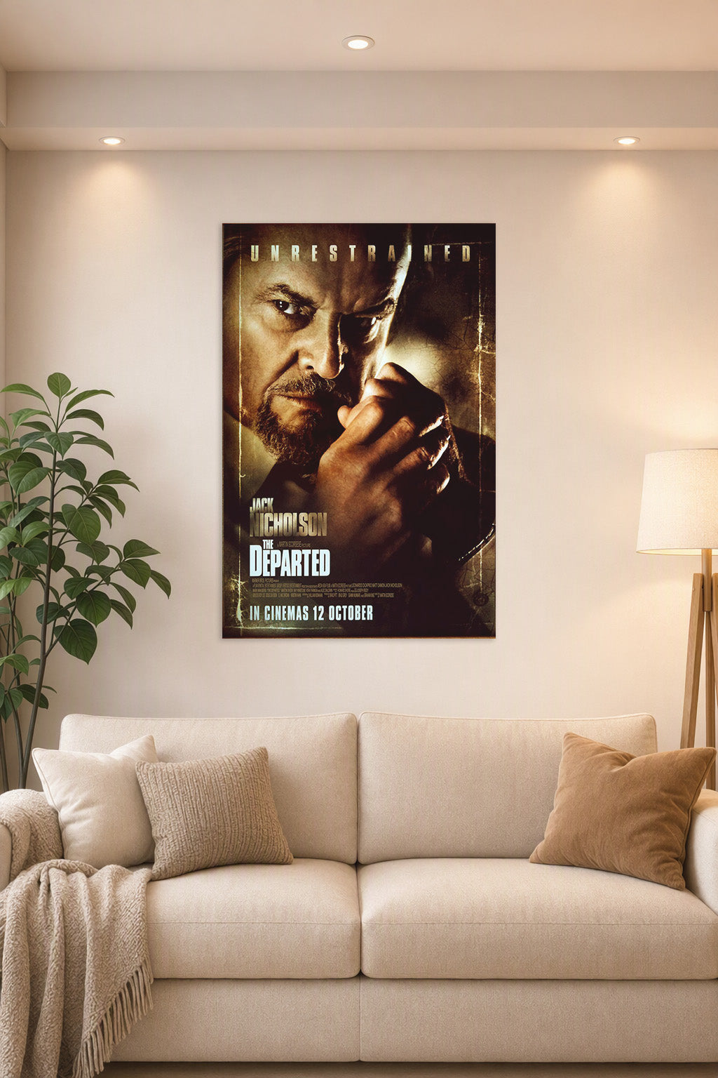 Jack Nicholson The Departed in a bright living room above a beige sofa.