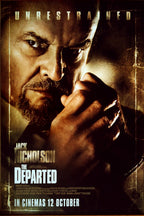 The Departed poster features a sepia close-up of Jack Nicholson clasping his hands, with Unrestrained text above.