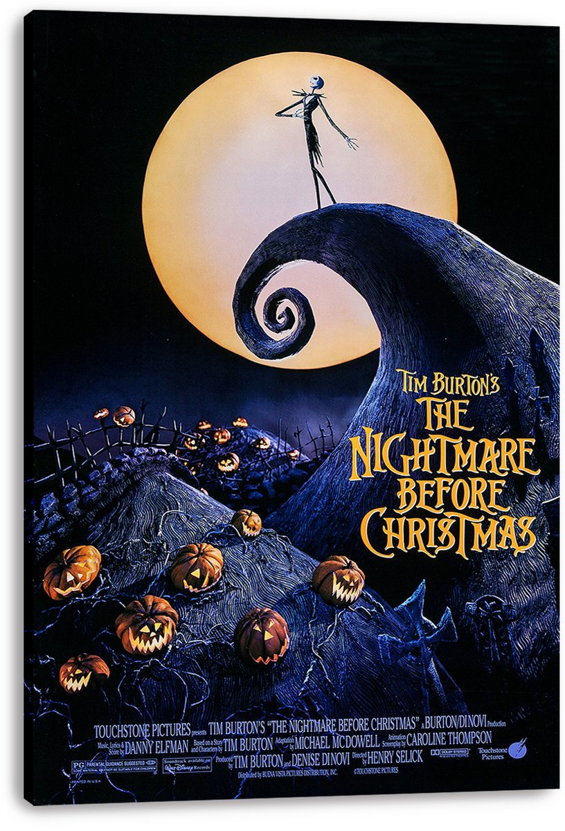 Jack Skellington canvas wall art print presents the Nightmare Before Christmas poster with a moonlit spiral hill and jack-o'-lanterns.