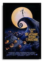 Jack Skellington framed wall art print displays a moonlit spiral hill, glowing pumpkins, and yellow Nightmare Before Christmas title text.