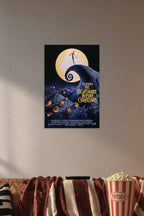 Jack Skellington The Nightmare Before Christmas in a cozy movie room above a brown sofa with popcorn.