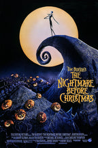 Jack Skellington poster features the skeletal figure atop a curling blue hill before a full moon and glowing pumpkins.