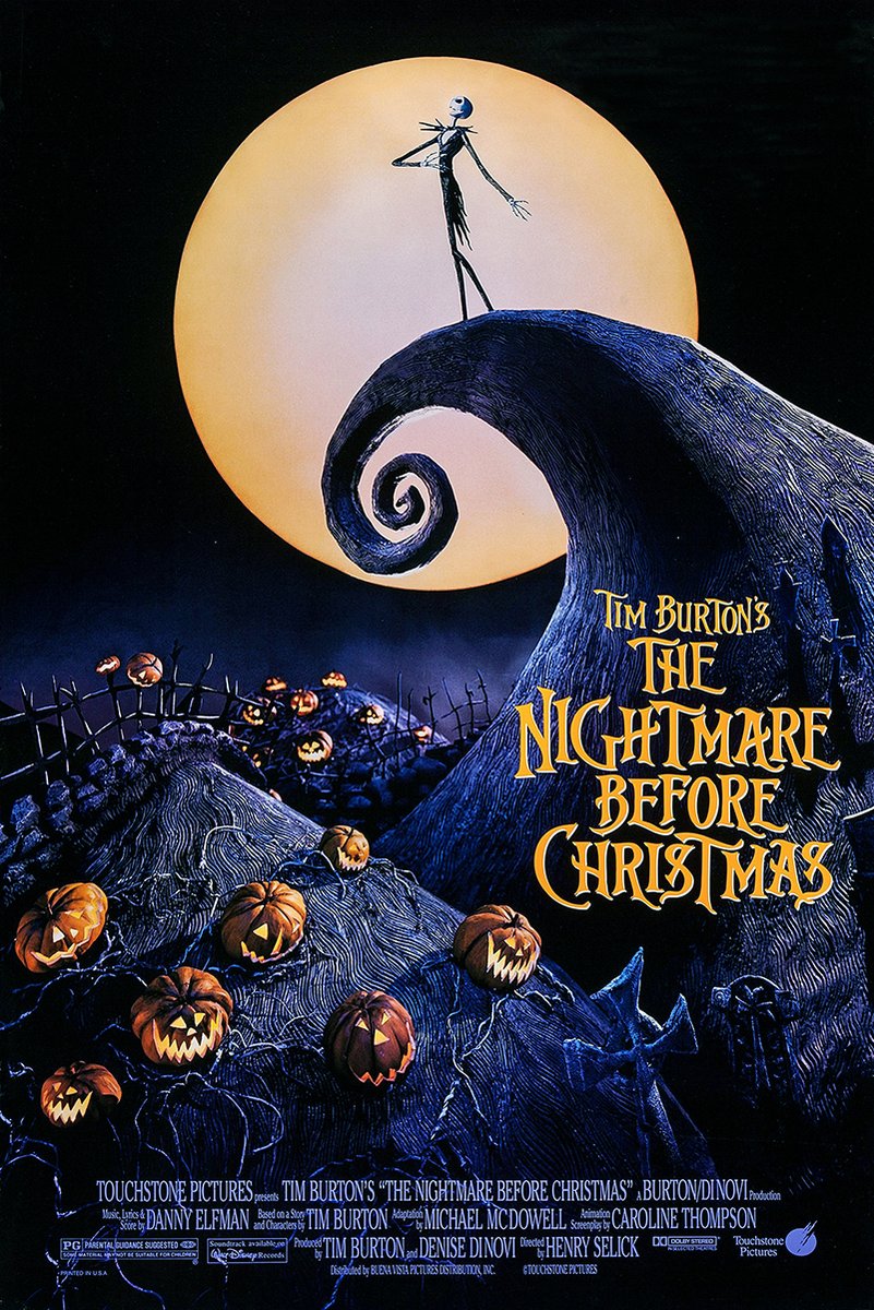 Jack Skellington poster features the skeletal figure atop a curling blue hill before a full moon and glowing pumpkins.