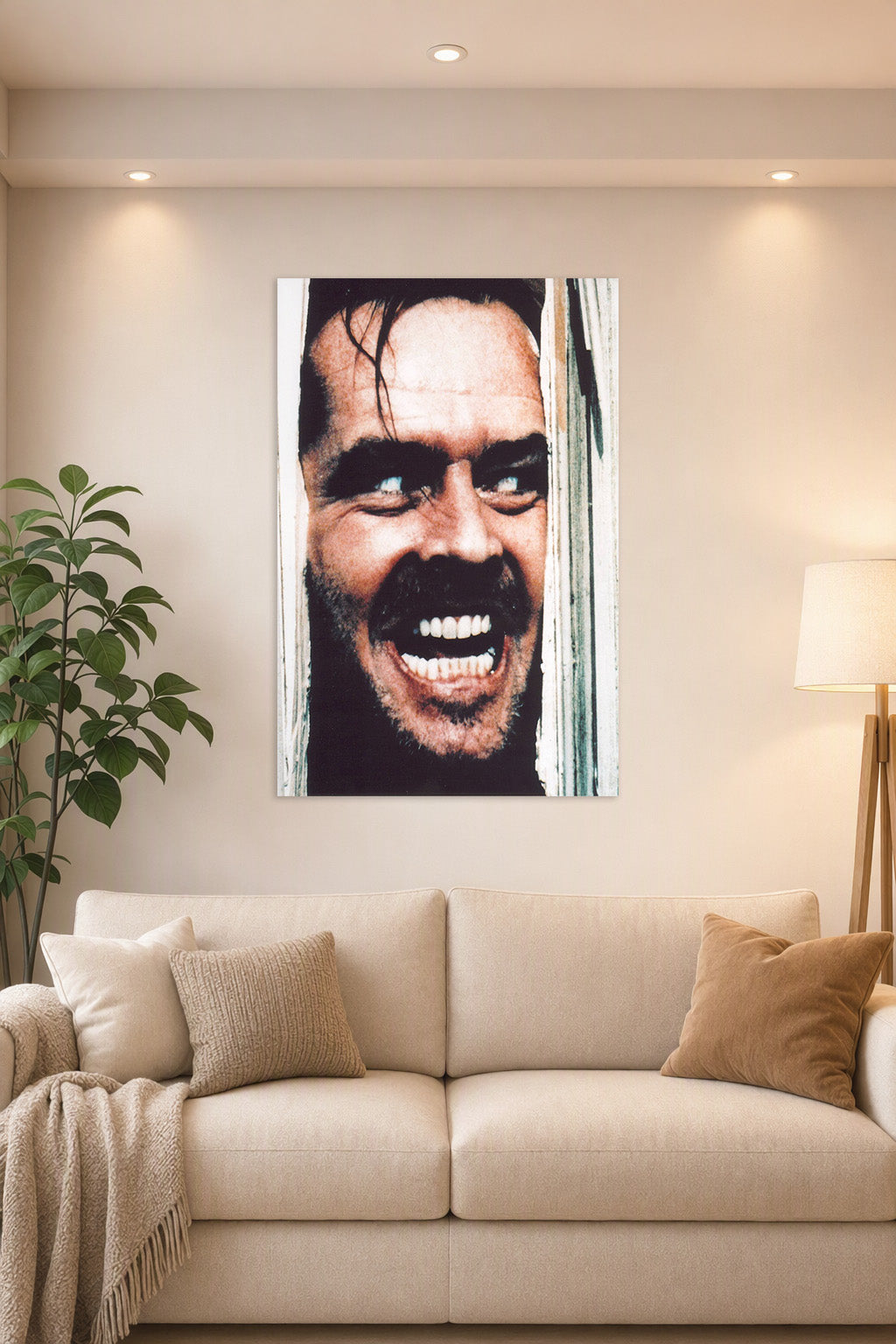 Jack Torrance from The Shining in a bright living room above a beige sofa.