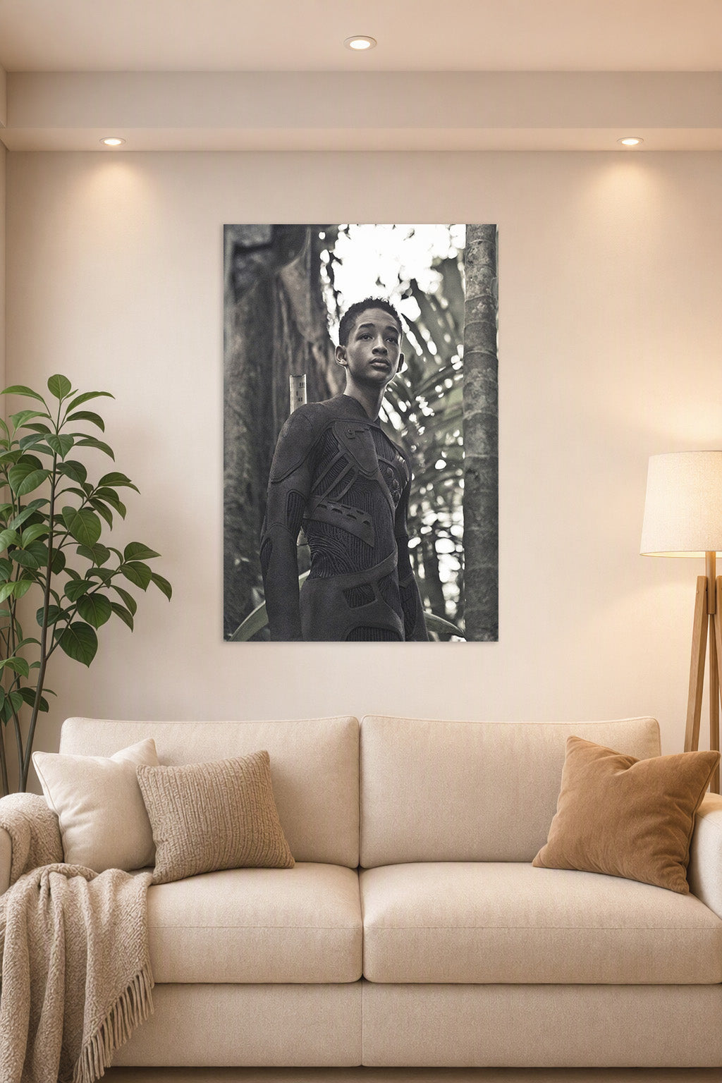 Jaden Smith After Earth in a bright living room above a beige sofa.