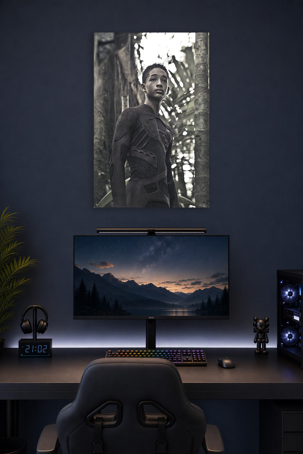 Jaden Smith After Earth in a gaming desk setup above a monitor.